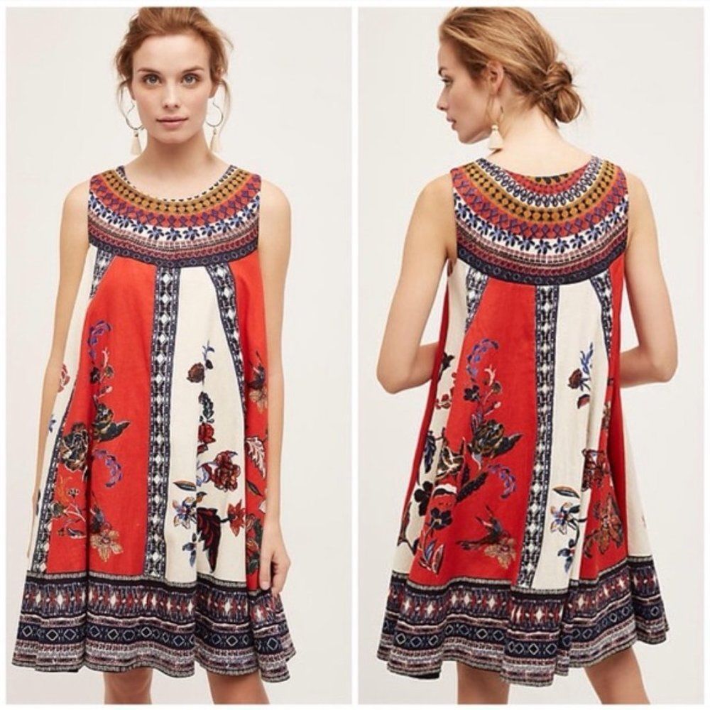 Anthropologie Maeve Cirque Red Ivory Printed Swing Dress